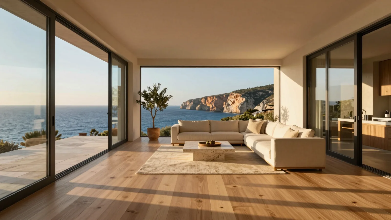 Modern cliffside villa interior at golden hour seen from a gliding drone