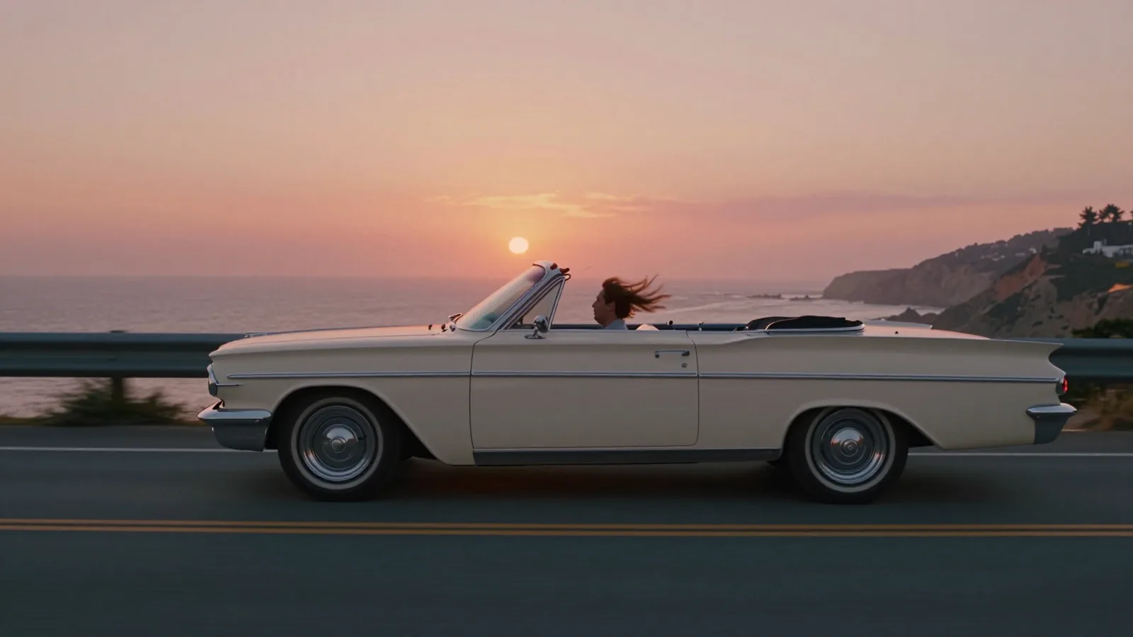 Vintage convertible driving a coastal highway at sunset