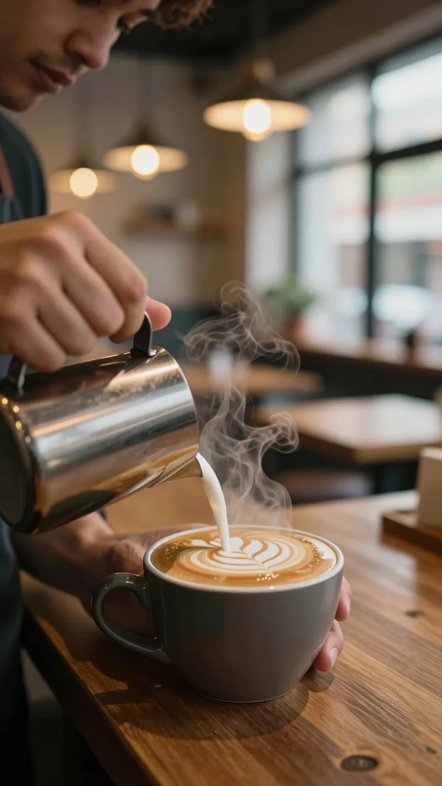 Barista pouring latte art with rising steam in a cozy cafe