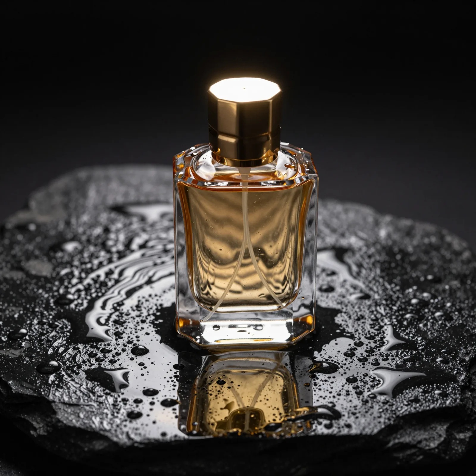 Glass perfume bottle on wet black stone with rippling caustic light